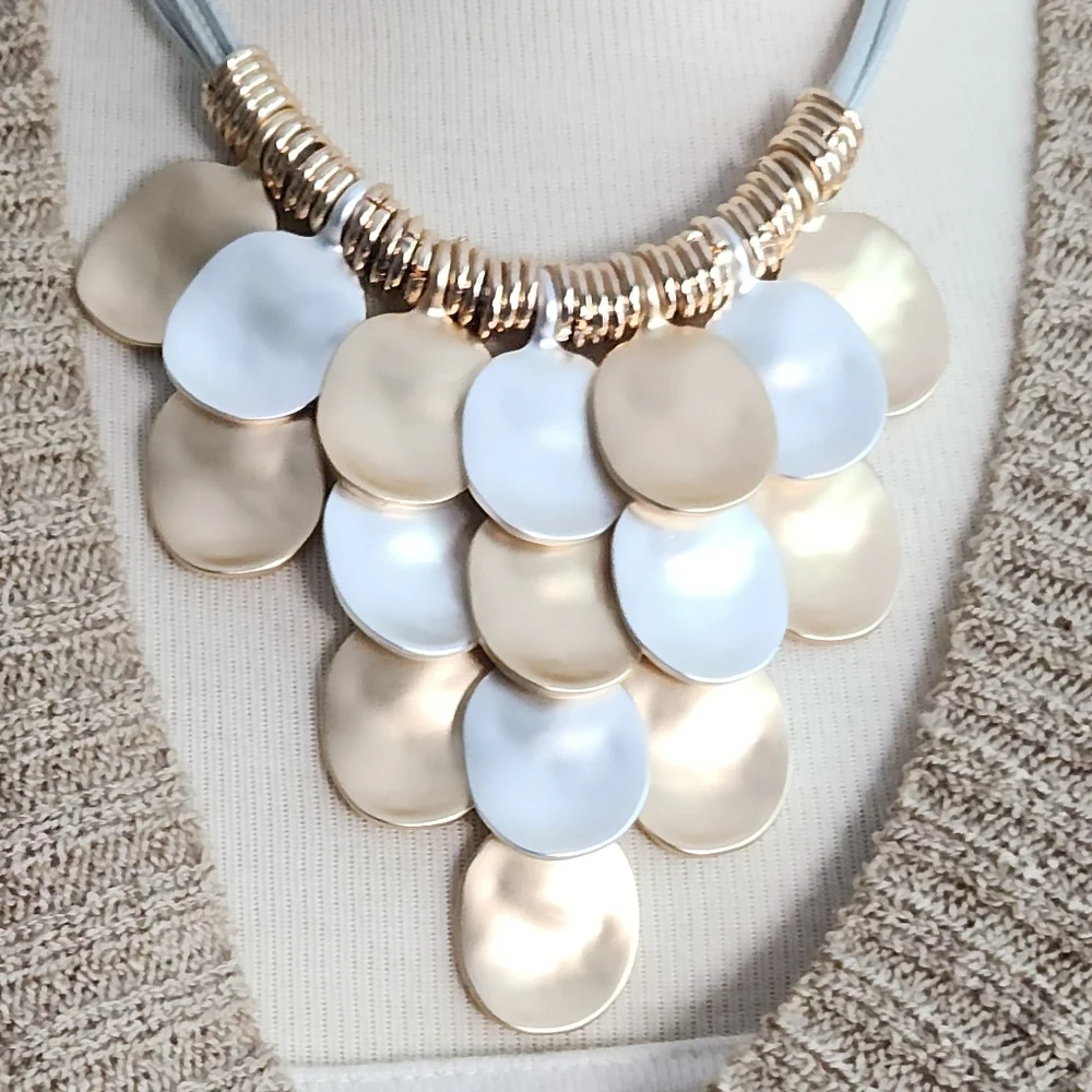 💛Goldtone and Silvertone🤍 Disc Statement Piece w/ Silvertone Cord Necklace - Picture 14 of 16